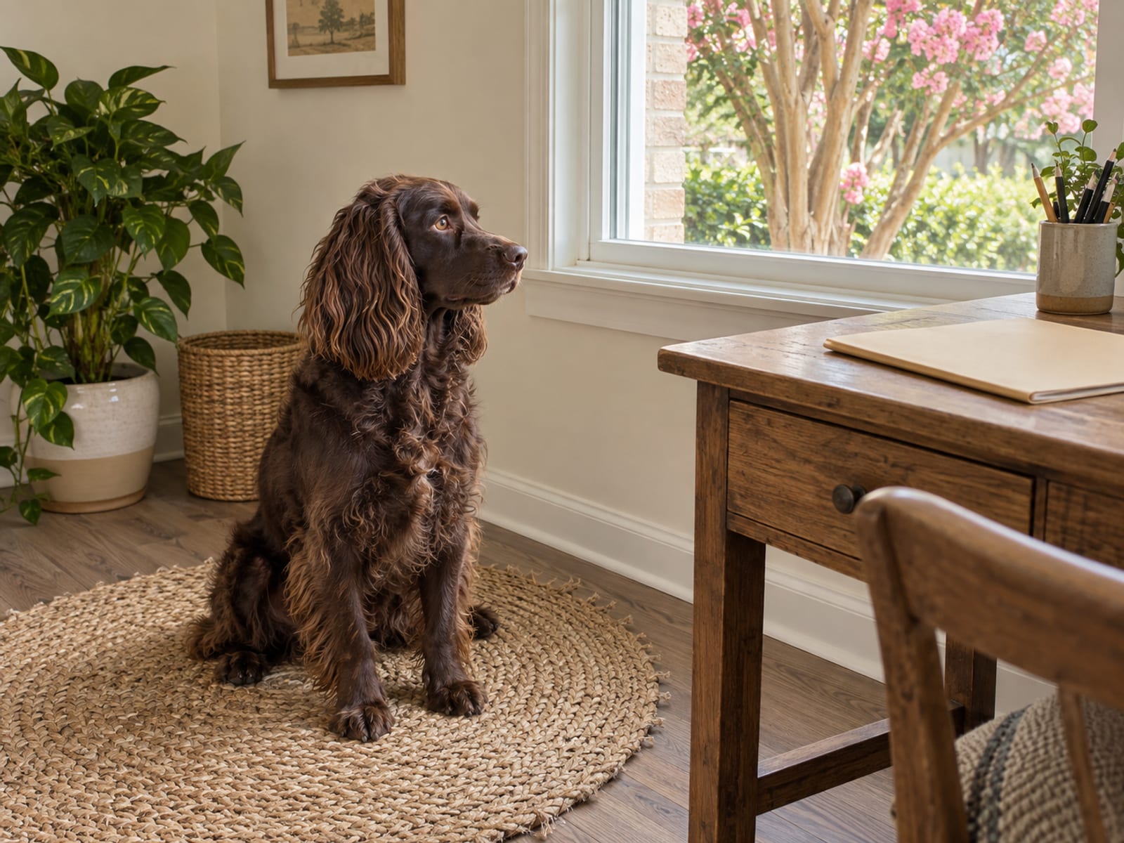 Spaniel de Boykin sentado sobre un tapete tejido en el rincón de una pequeña oficina en casa, junto a un escritorio de madera con una carpeta cerrada
