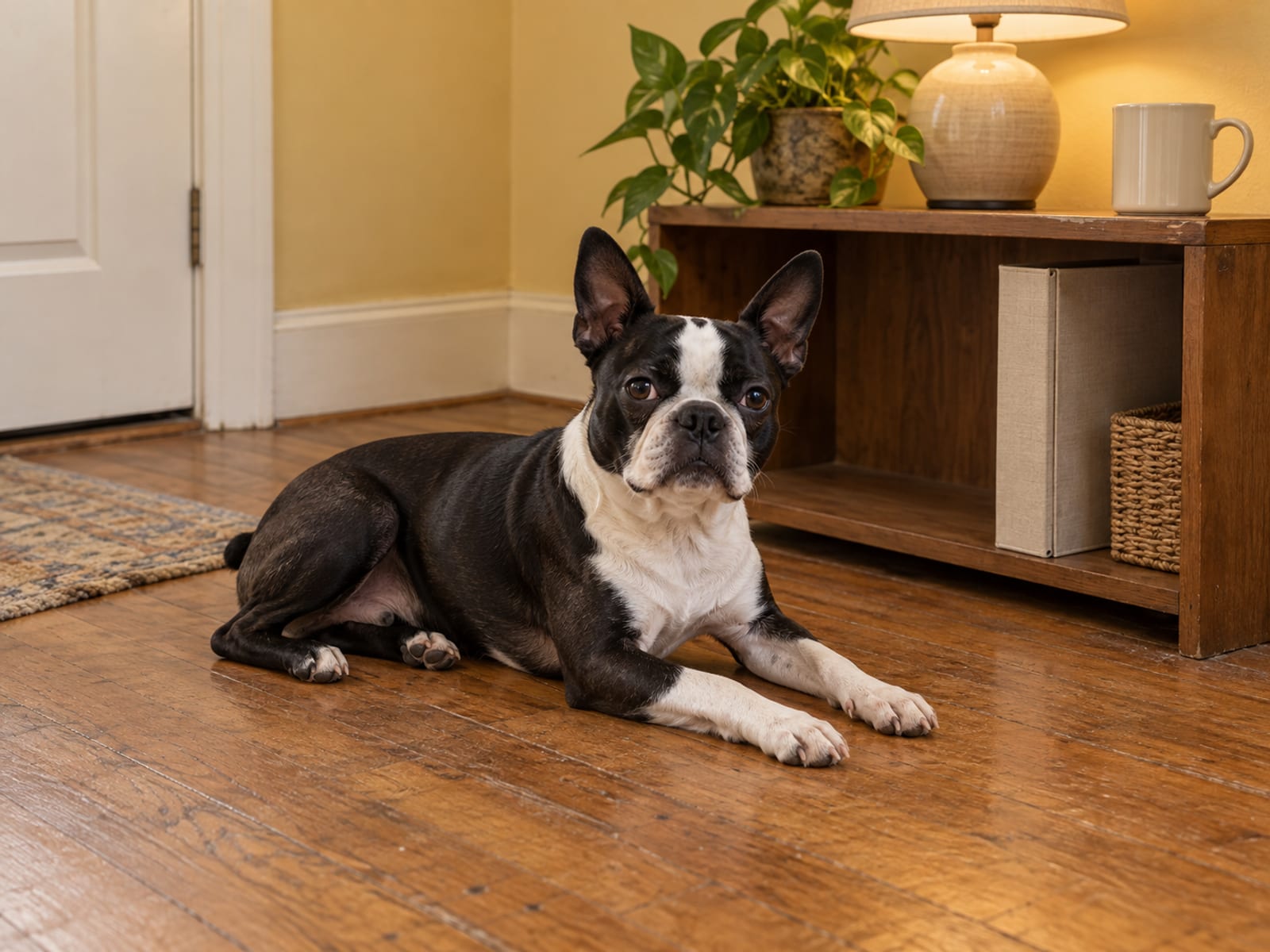 Boston terrier recostado sobre un piso de madera gastado, junto a un estante de madera para archivos con una carpeta de argollas cerrada y una taza sencilla