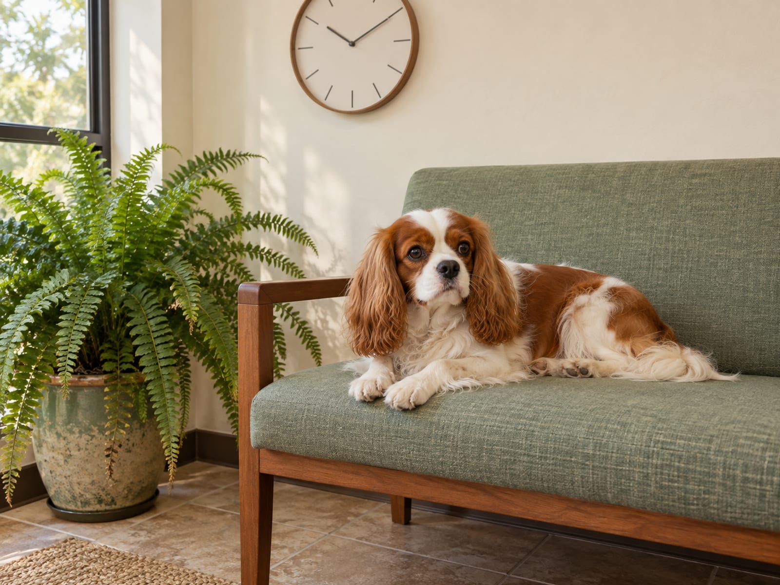 Cavalier King Charles spaniel descansando sobre una banca acolchada en una tranquila sala de espera de oficina, con un helecho en maceta y un reloj de pared sencillo