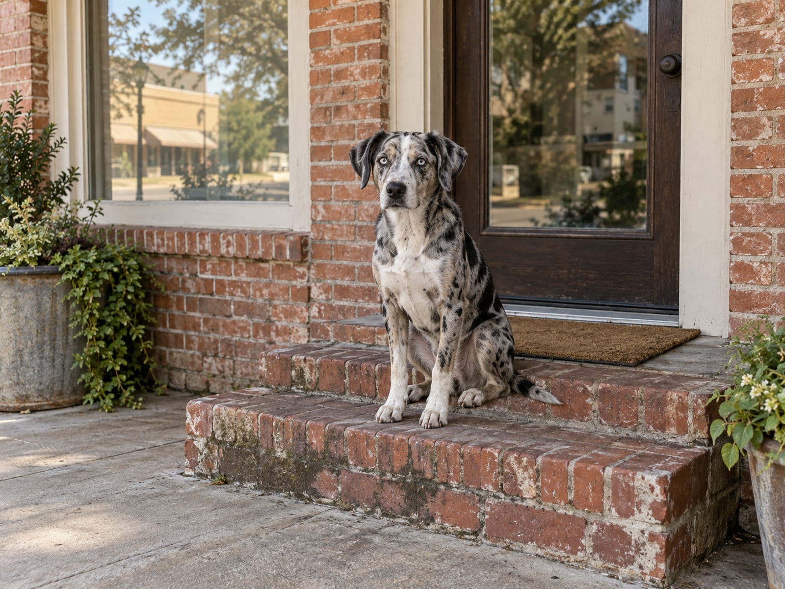 Perro leopardo de Catahoula sentado en los escalones de ladrillo de un local de pueblo pequeño, con una puerta de vidrio cerrada y un tapete de entrada sencillo