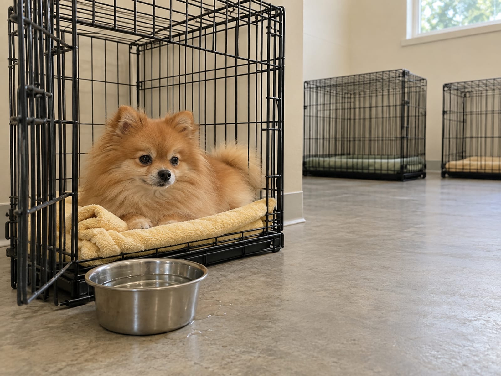 Pomerania naranja descansando tranquilamente en una jaula abierta y limpia en un cuarto de perrera silencioso, con un plato de agua a su lado