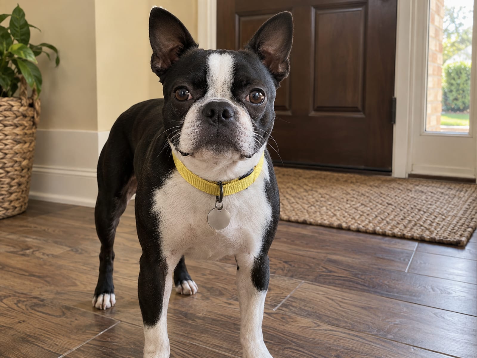 Boston terrier blanco y negro de pie en un pasillo de entrada, con un collar sencillo y una pequeña placa redonda de metal sin marcas en el cuello