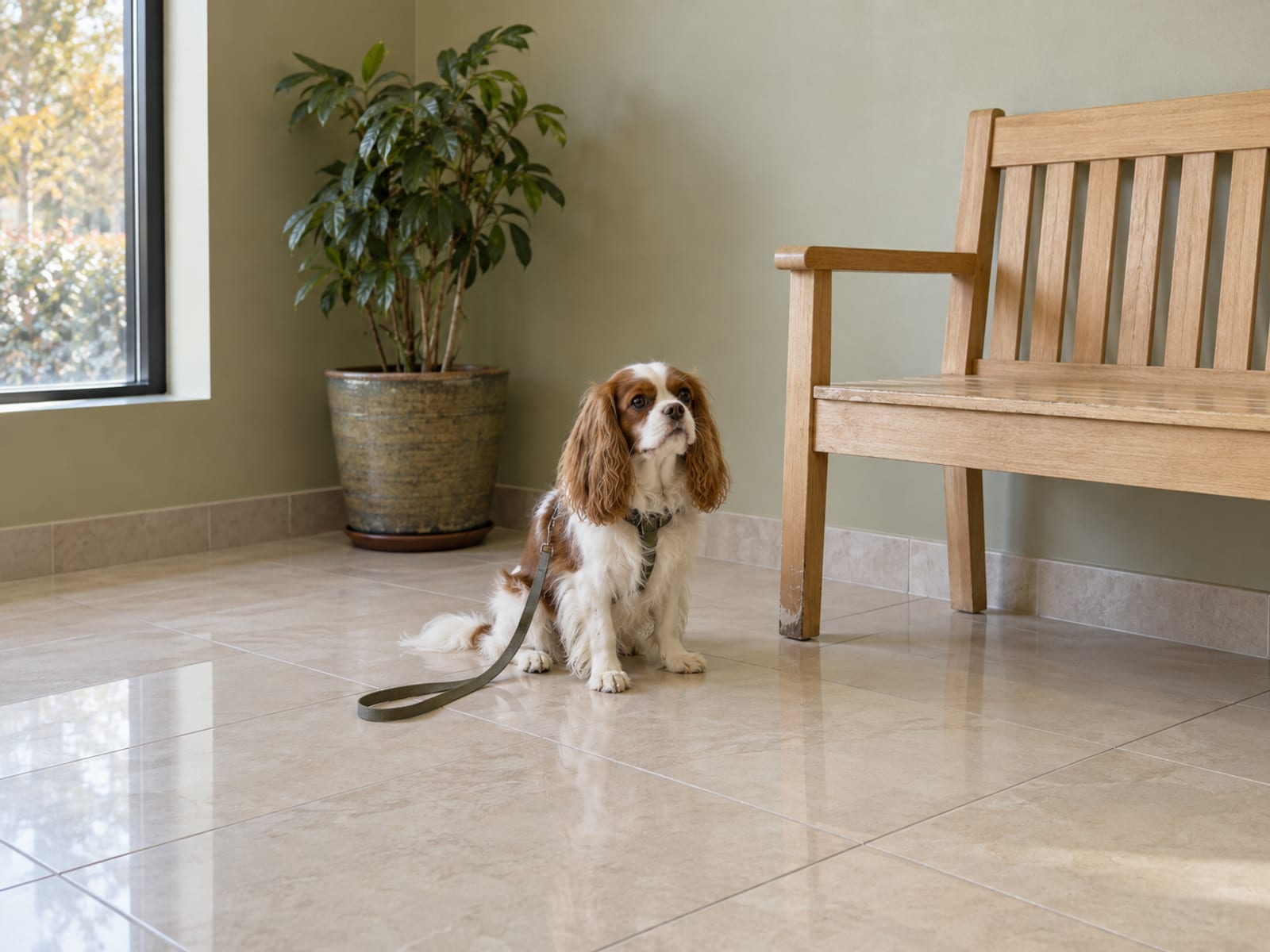 Cavalier King Charles spaniel blenheim sentado sobre un piso de losetas limpio en la sala de espera luminosa de una clínica, junto a una banca de madera vacía