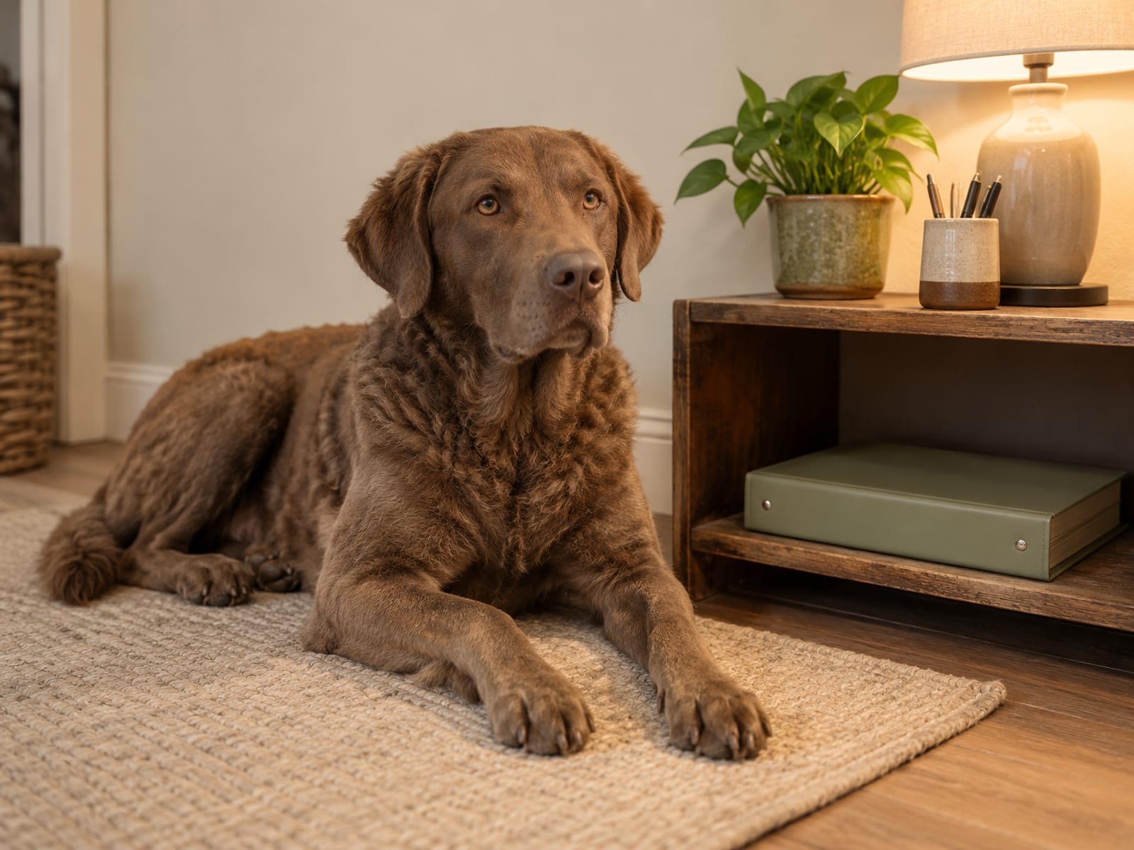 Retriever de la bahía de Chesapeake marrón recostado sobre un tapete en un rincón ordenado de la oficina de un hospedaje canino, junto a una carpeta de tres argollas cerrada en un estante bajo, iluminado por una lámpara