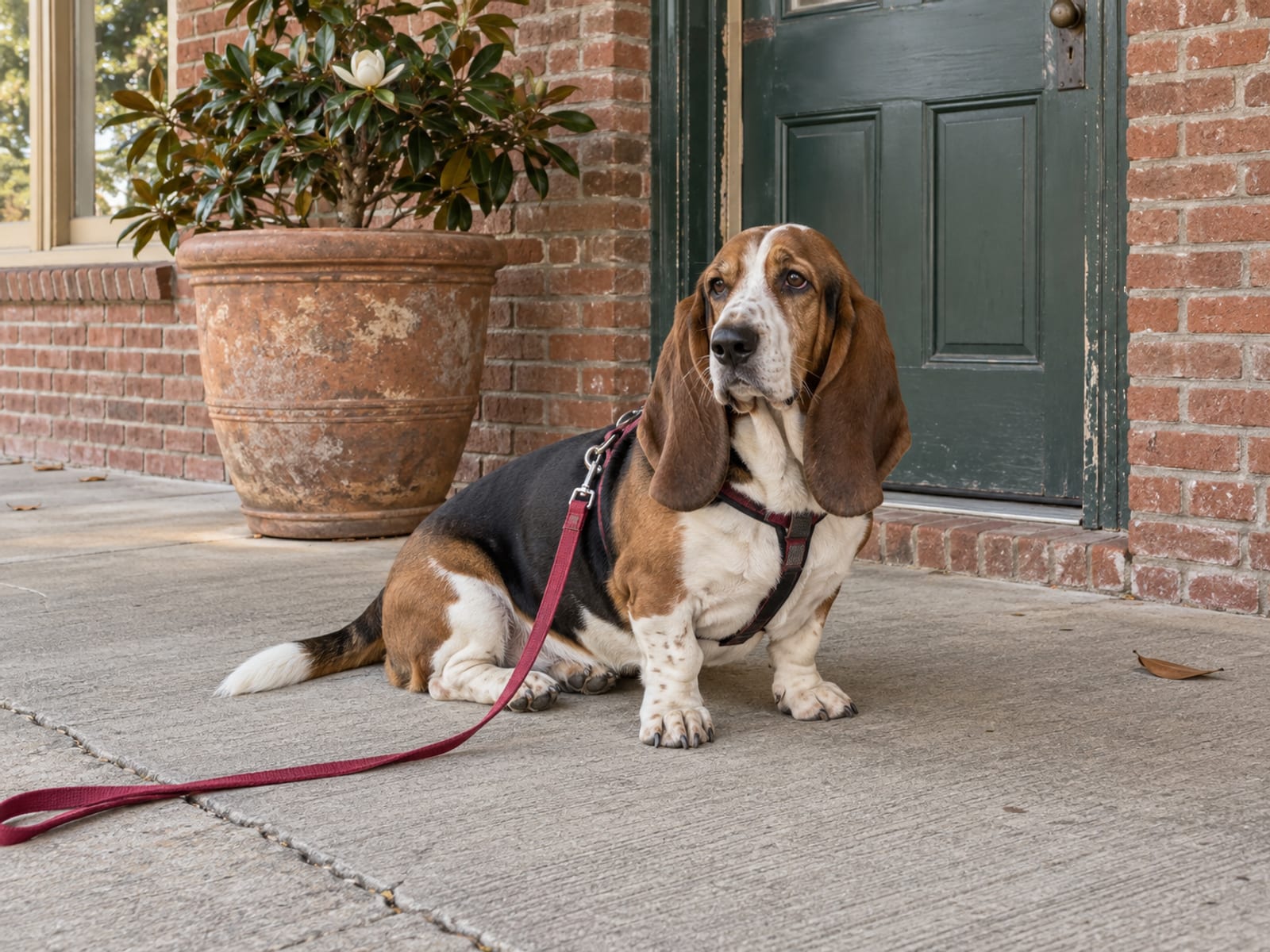 Basset hound sitting on a sidewalk outside a small brick storefront with a closed door, a potted magnolia and a slack leash