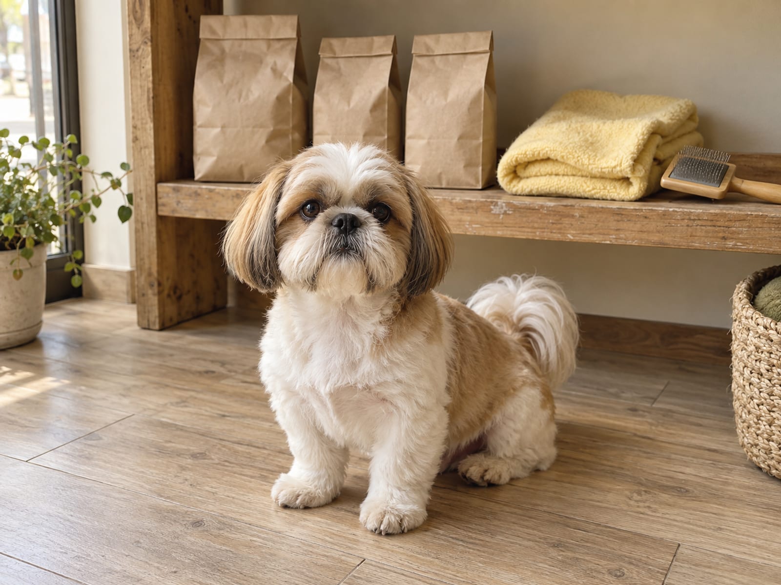 Shih Tzu sitting in front of a low wooden shelf with plain unlabeled bags, a folded blanket and a wire brush
