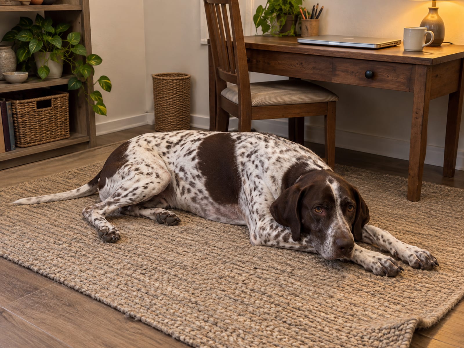 Pointer lying on a woven rug in a back-office nook beside a small desk with a closed laptop and a plain mug