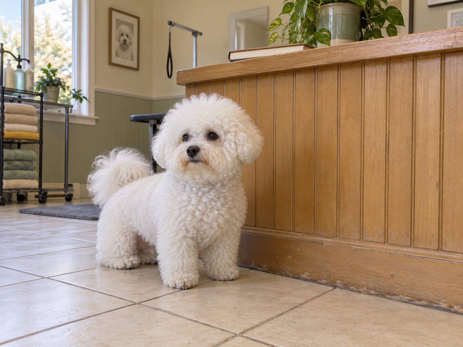 Bichon frise sitting on a clean tiled floor beside a wooden counter with a closed appointment book