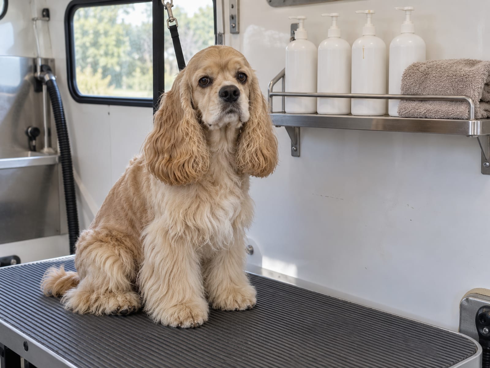 Cocker spaniel sitting on a non-slip mat inside a bright grooming van beside a shelf of plain unlabeled bottles and a folded towel