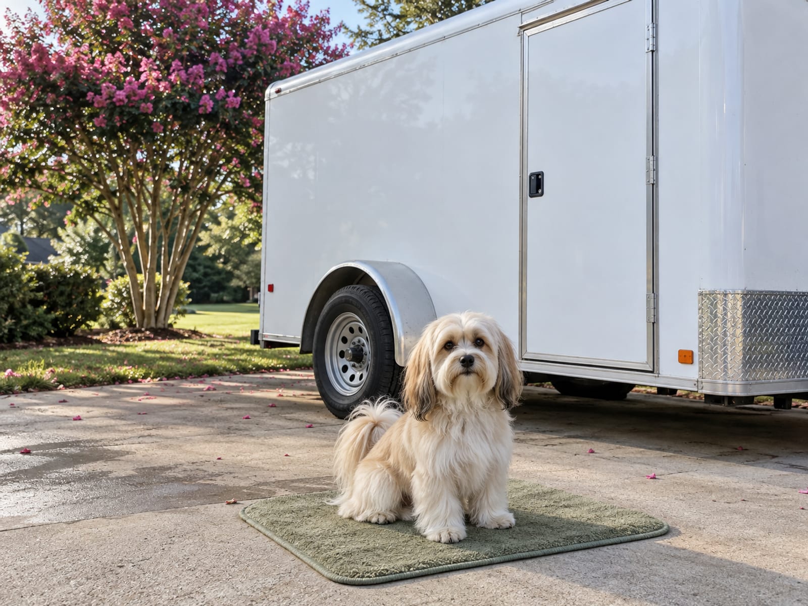 Havanese sitting on a mat on a driveway beside a plain white grooming trailer with a closed door and a blooming crape myrtle