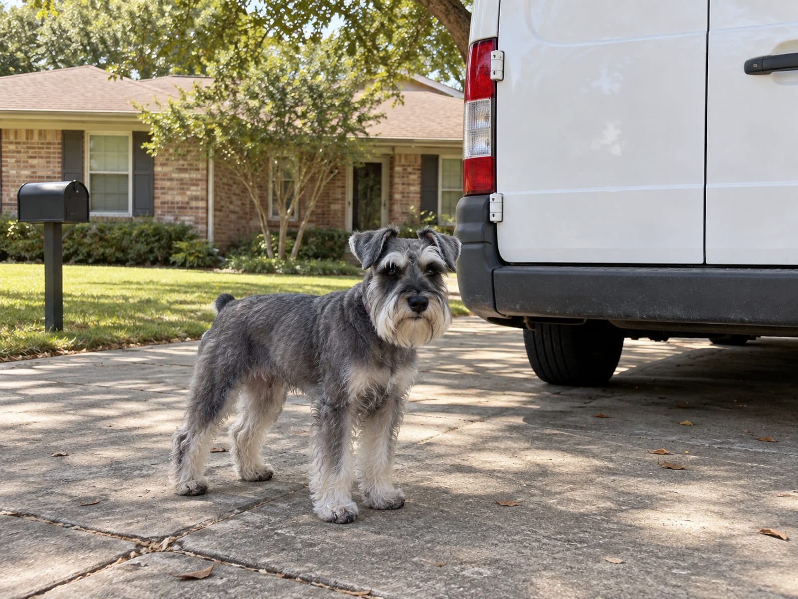 Miniature schnauzer standing on a shaded concrete driveway beside the rear of a plain white grooming van, a brick ranch house and mailbox behind