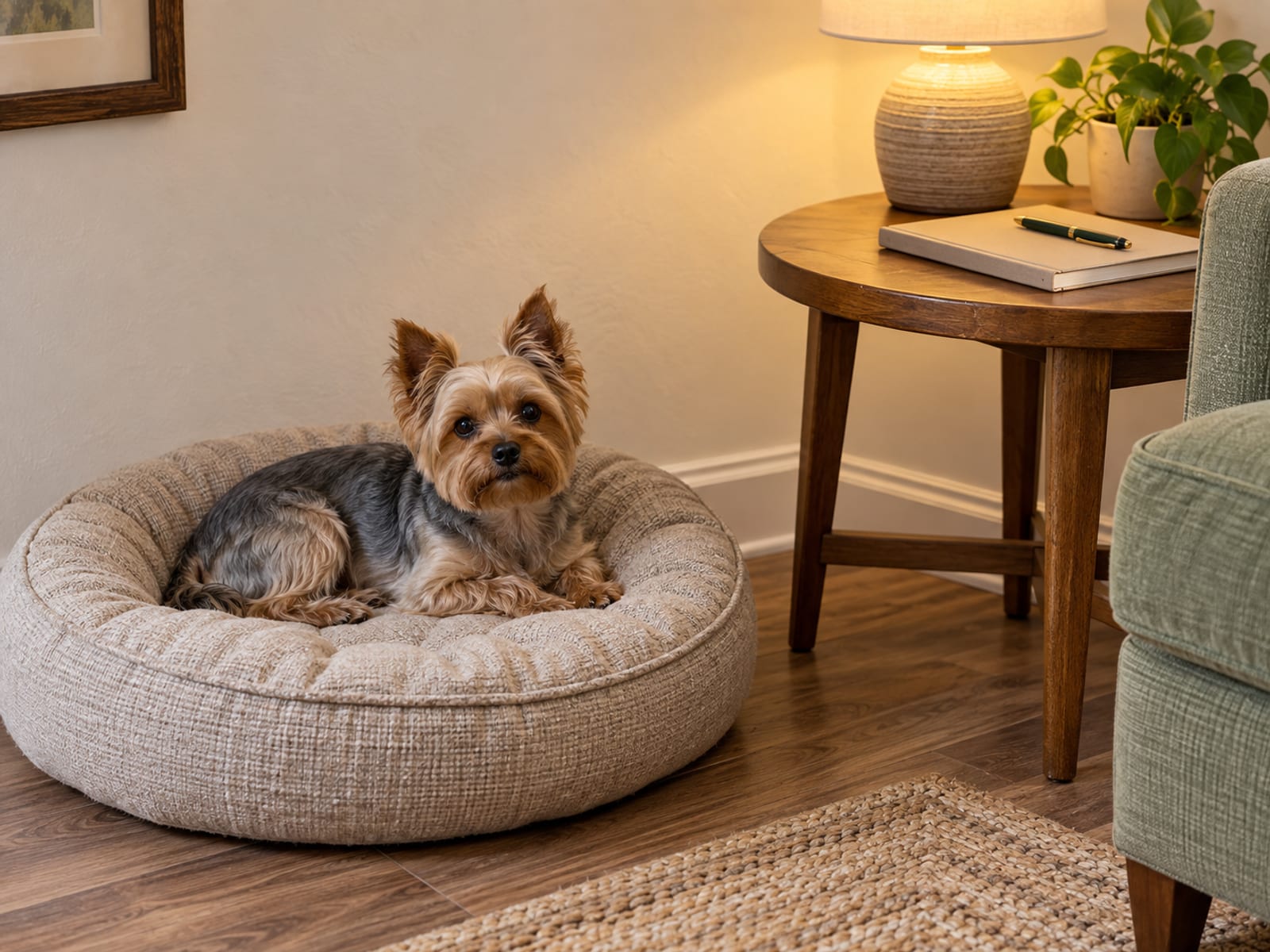 Yorkshire terrier lying on a cushioned bed in a living room corner beside a small table with a closed notebook and a pen