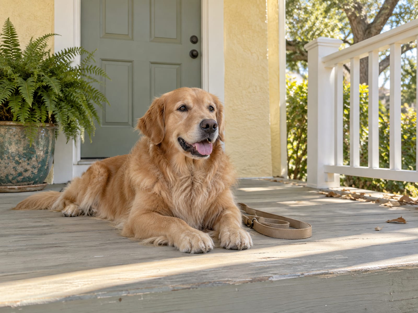 Golden retriever lying on the wooden front porch of a Florida home beside a closed front door, a leash lying loose on the porch boards