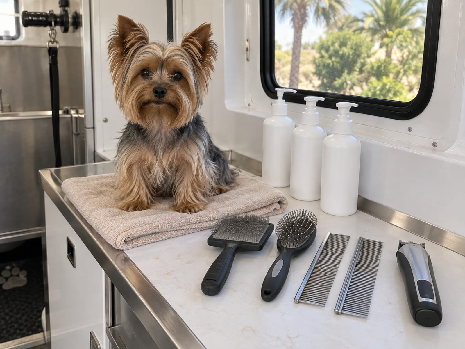 Yorkshire terrier sitting on a folded towel on a grooming counter inside a van, plain unlabeled bottles, brushes, combs and clippers lined up beside it