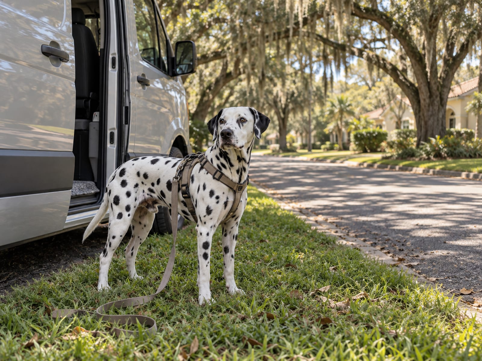 Dalmatian standing beside the open sliding side door of a plain parked van on a quiet residential street lined with live oaks, a leash trailing slack from its harness