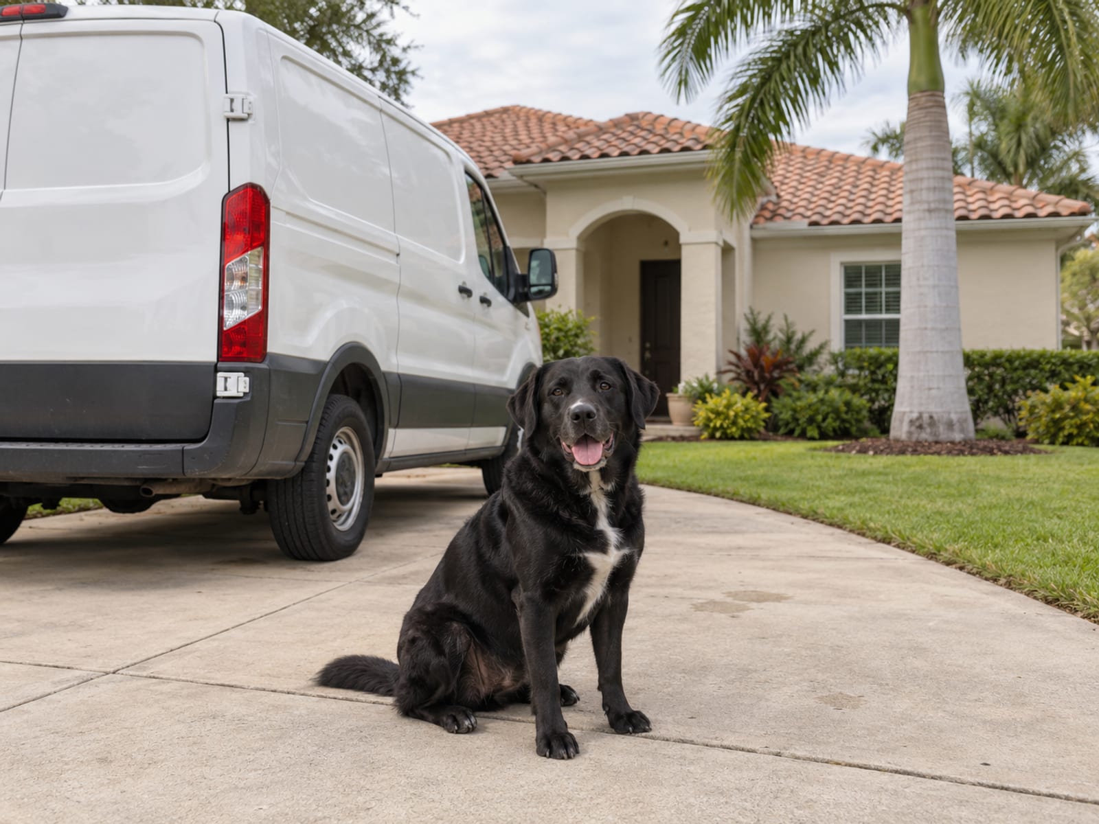 Black Labrador mix sitting in the driveway of a single-story stucco house beside a plain white unmarked van, a royal palm in the yard