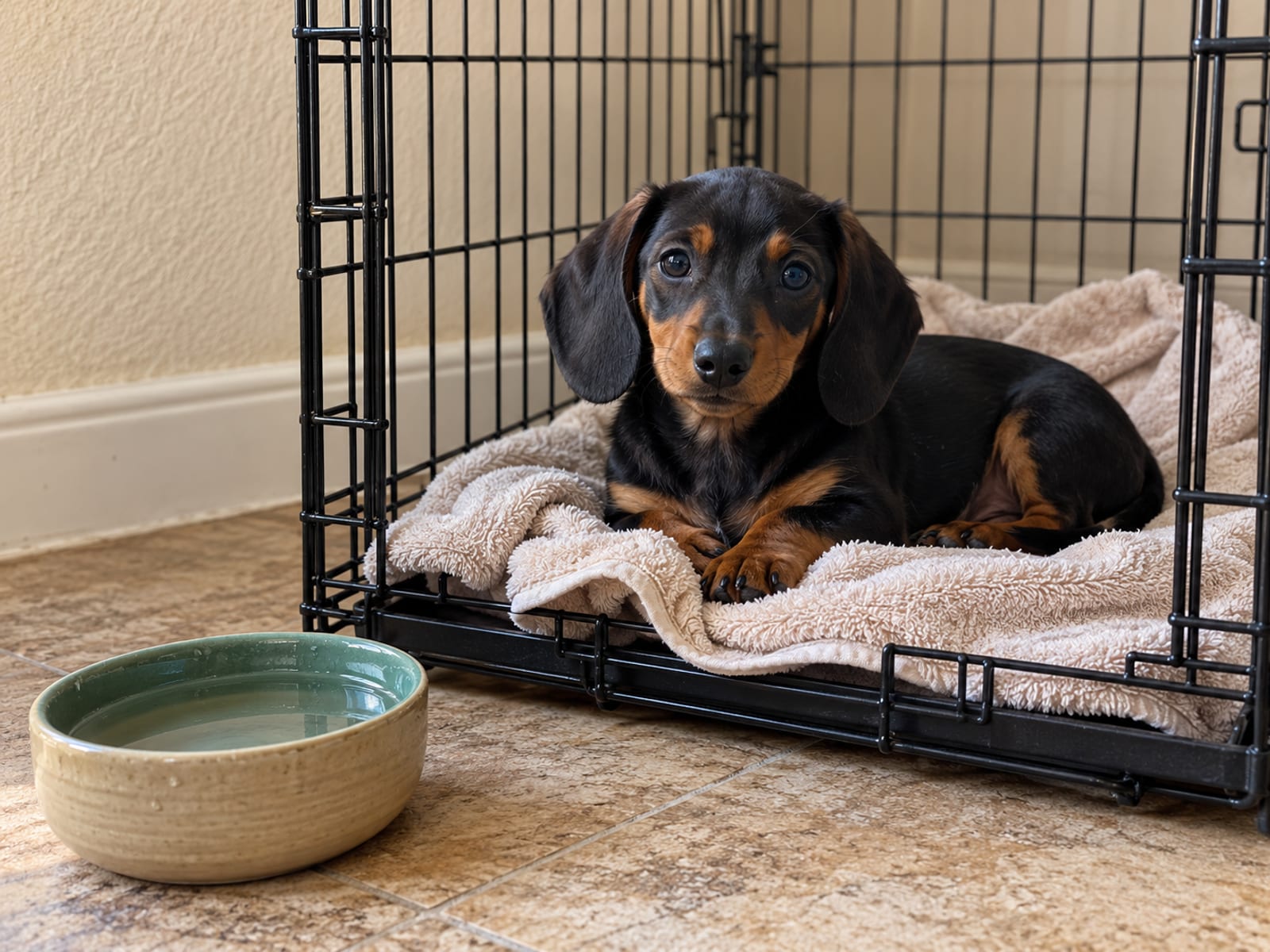 A dachshund puppy resting on a folded towel in a lined crate beside a bowl of water on a tile floor