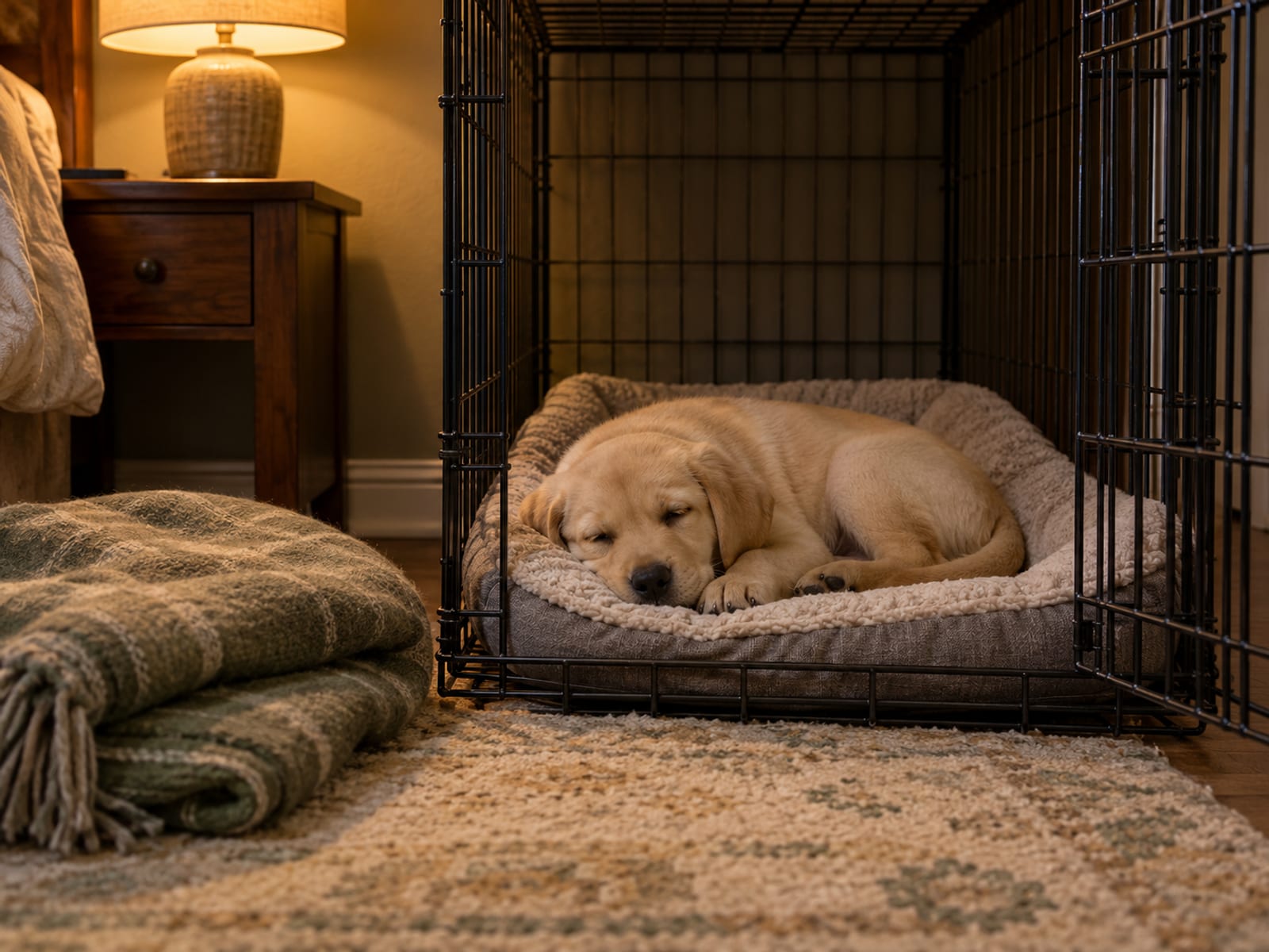 A sleepy Labrador puppy curled on a washable bed inside an open crate in a dim bedroom corner with a folded blanket beside it