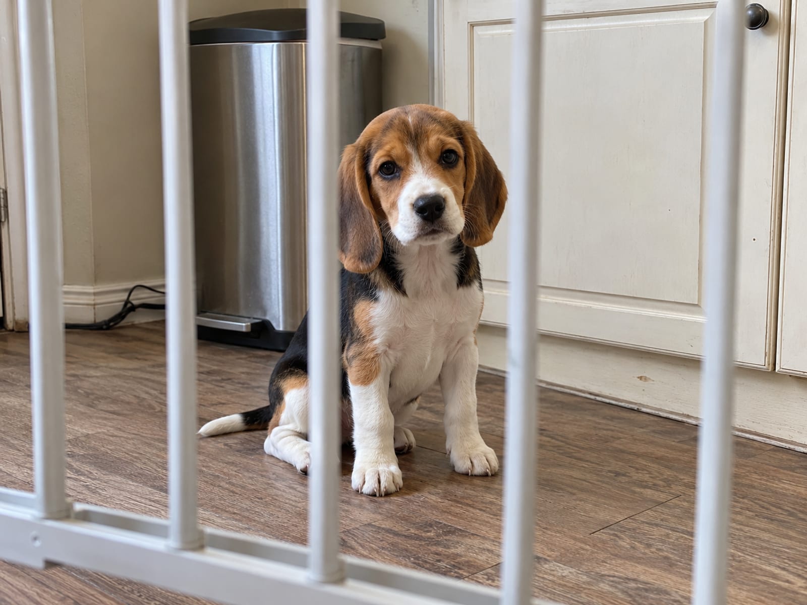 A beagle puppy sitting on a wood-look floor in a gated kitchen corner with a covered trash can and closed low cabinet behind