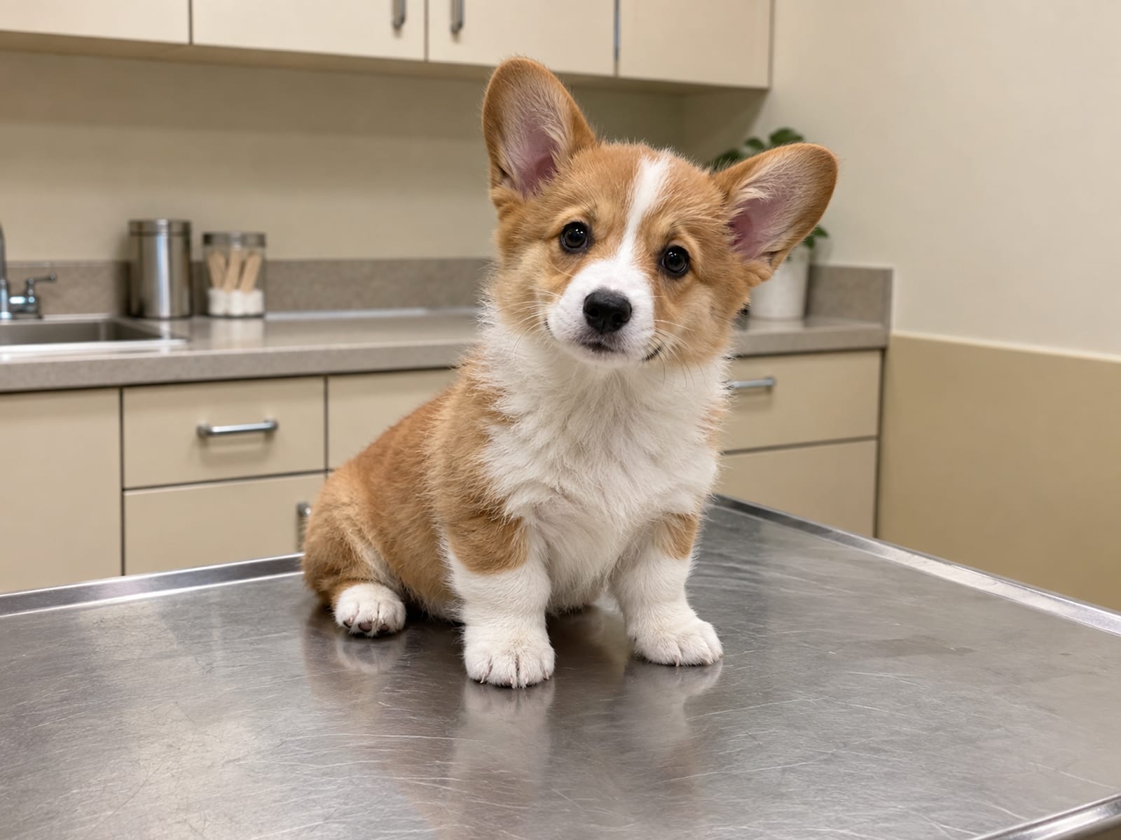 A Pembroke Welsh corgi puppy sitting calmly on a clean steel exam table in a quiet veterinary exam room