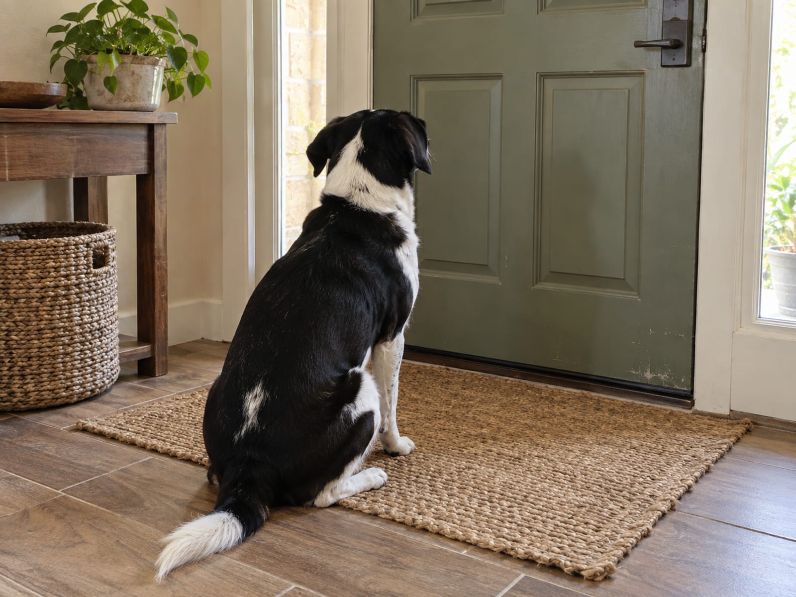 Mixed-breed dog sitting calmly at the edge of a doormat in front of a closed front door