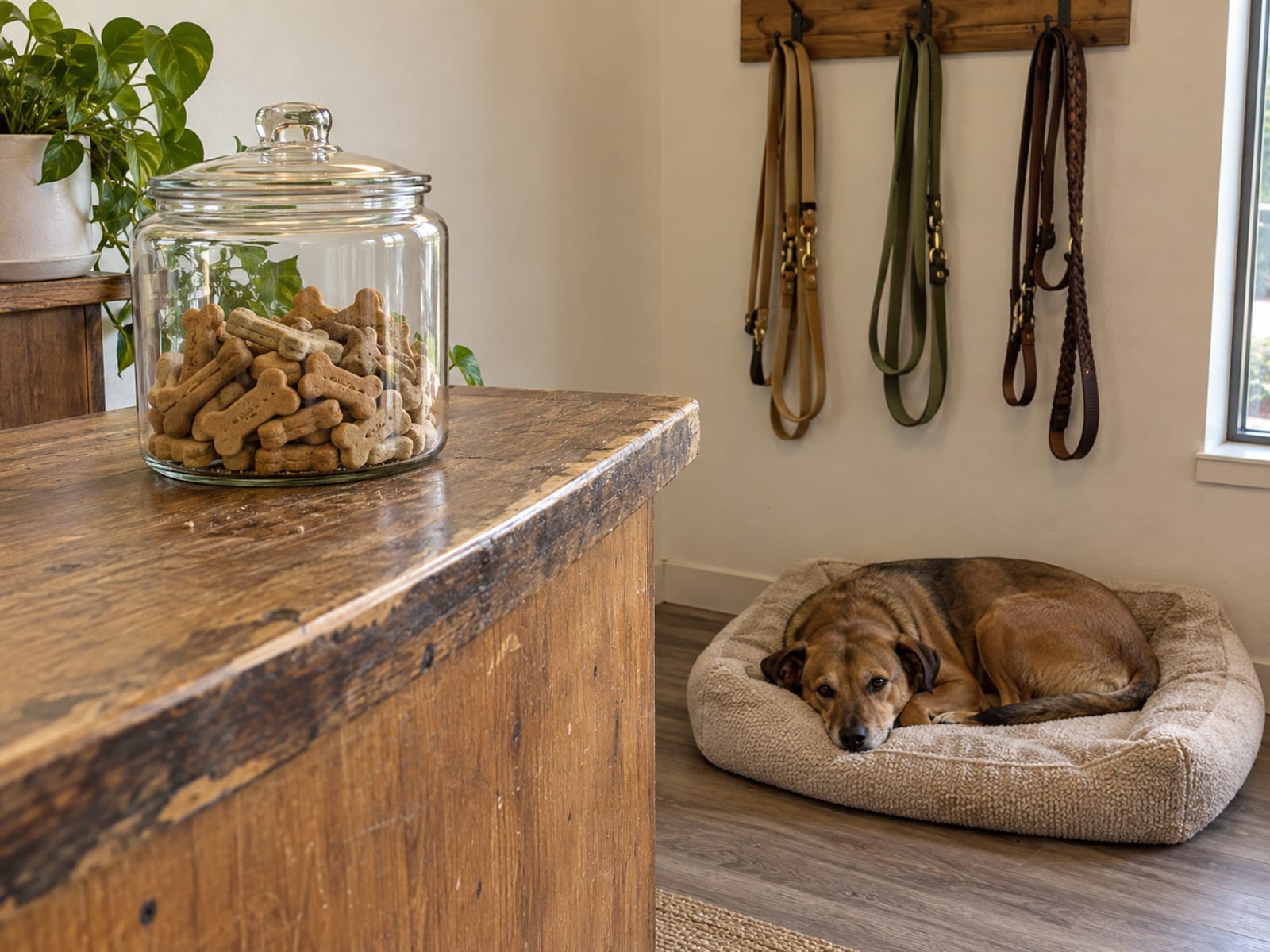 Front office corner of a dog training business with a counter, an unlabeled jar of dog biscuits, leashes on a wall rack and a dog on a bed