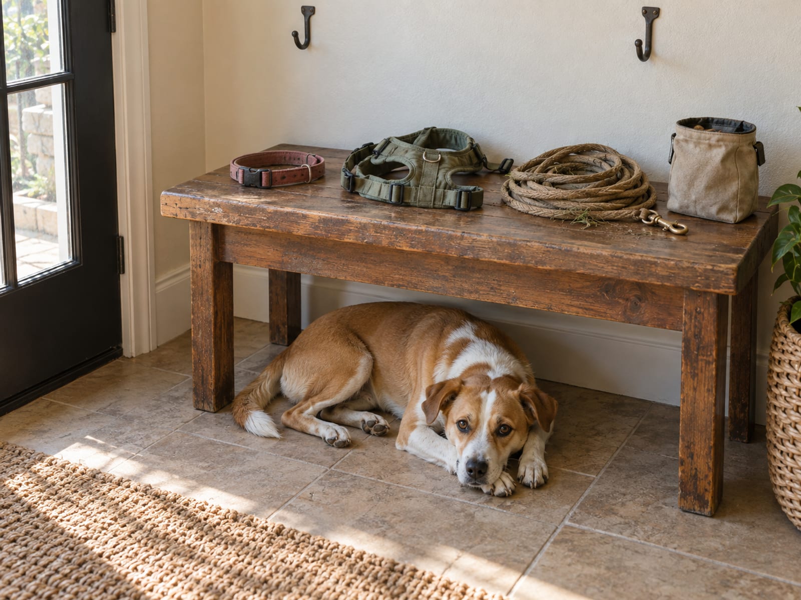 Worn dog training gear on a mudroom bench, with a collar, harness, long line and treat pouch, and a dog lying on the floor below