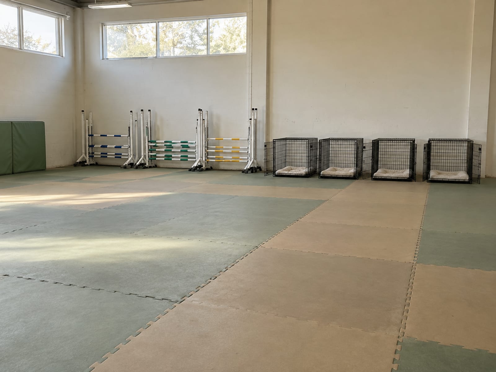 Indoor dog training facility with padded floor mats, low agility jumps stacked against a wall and a row of empty crates