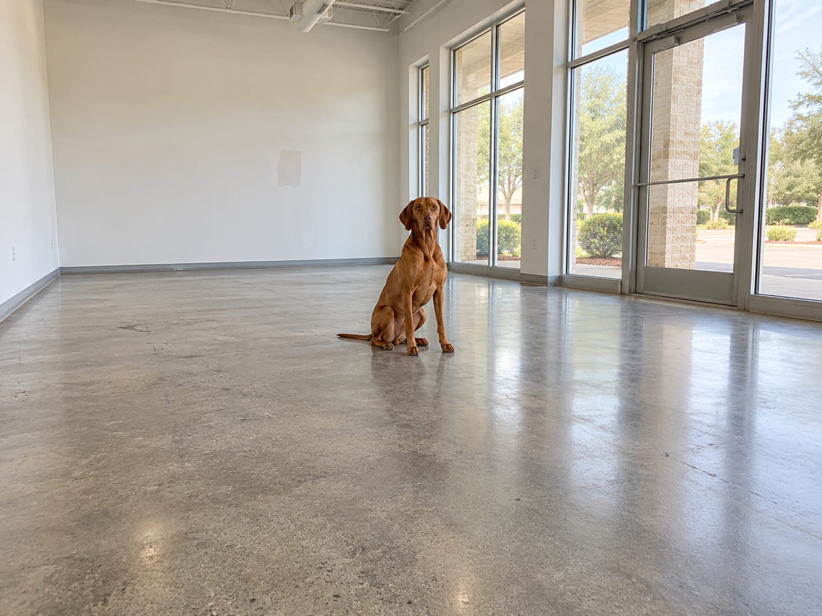 Vizsla sitting calmly on a sealed concrete floor in a bright, empty commercial unit with tall windows and a closed glass door