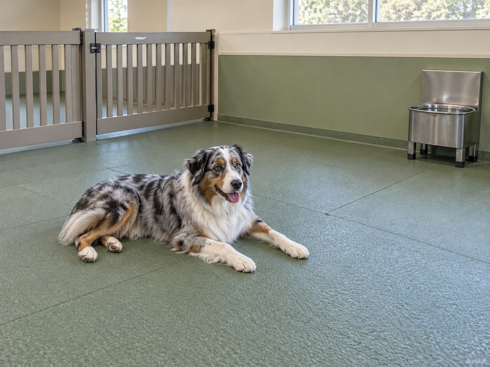 Australian shepherd resting on a rubber-matted floor in a clean indoor play room with a low divider gate and a water station
