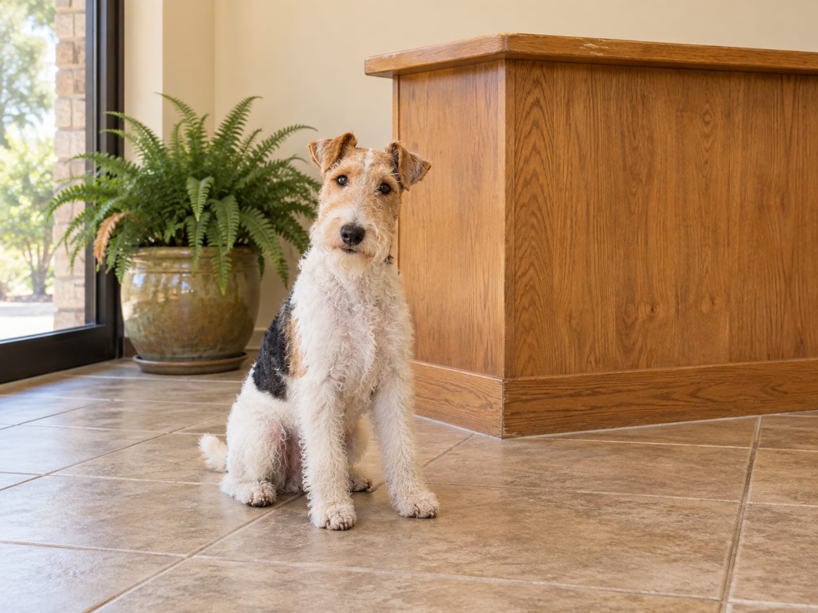 Wire fox terrier sitting on the clean floor of a small boarding lobby beside a plain counter and a potted fern