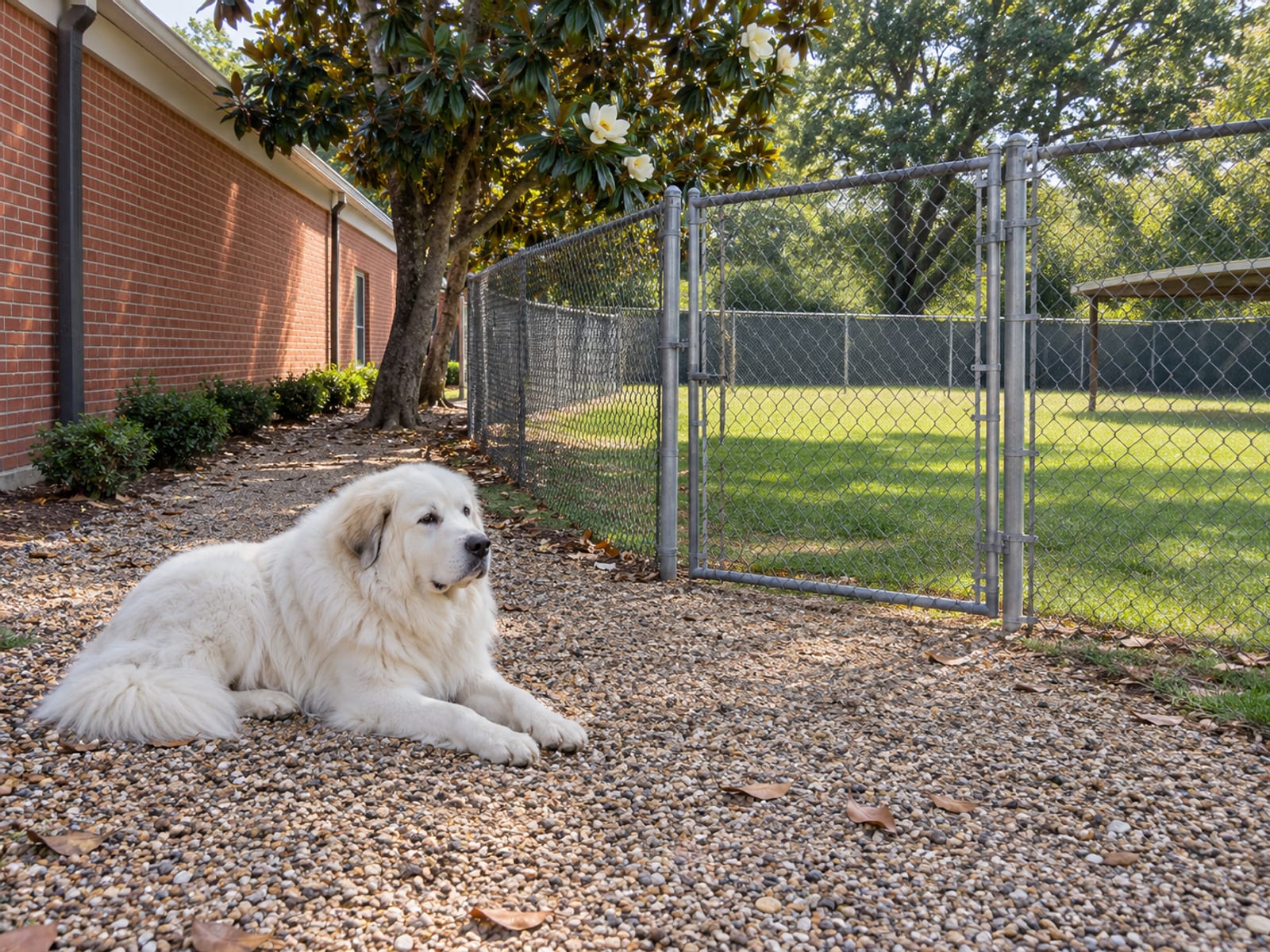 Great Pyrenees lying on a gravel path beside a fenced exercise yard and a brick commercial building, with a magnolia tree nearby