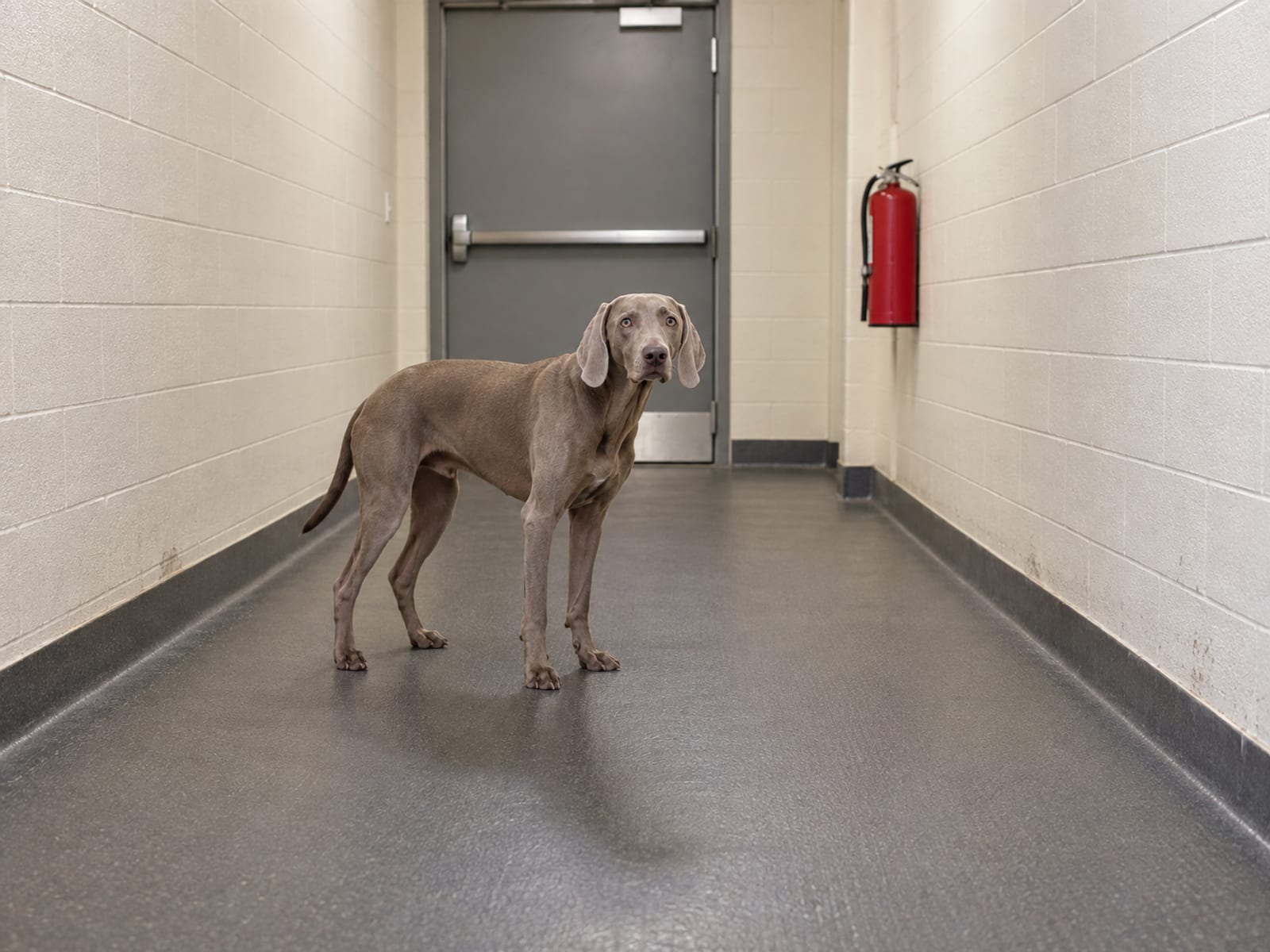 Silver Weimaraner standing calmly in a wide, clean hallway with rubber flooring, a plain steel exit door and a wall-mounted fire extinguisher