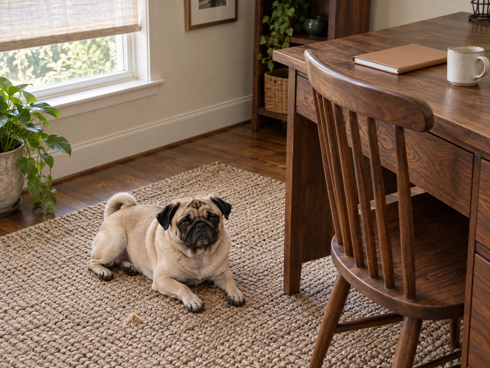 Fawn pug lying on a woven rug beside a plain wooden desk with a closed notebook and a mug in a small home office