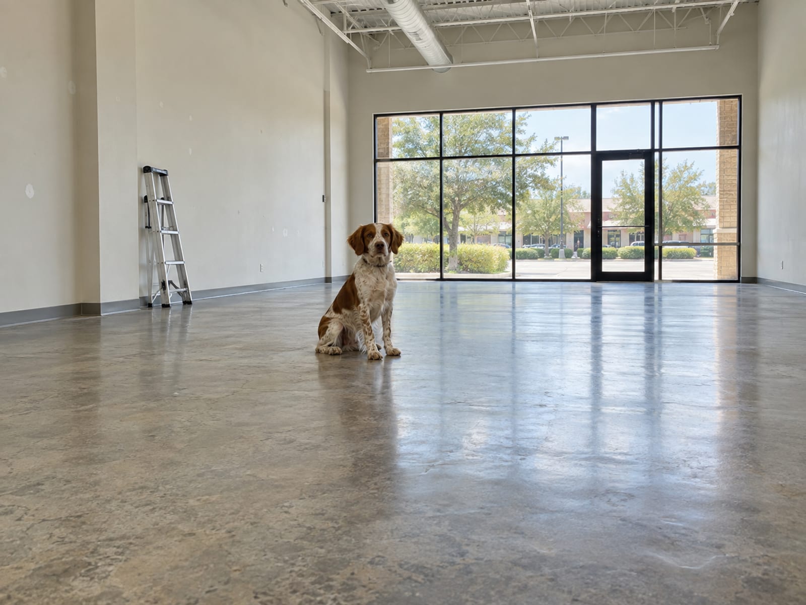 Brittany spaniel sitting on the polished concrete floor of an empty, bright storefront space with large front windows and bare walls