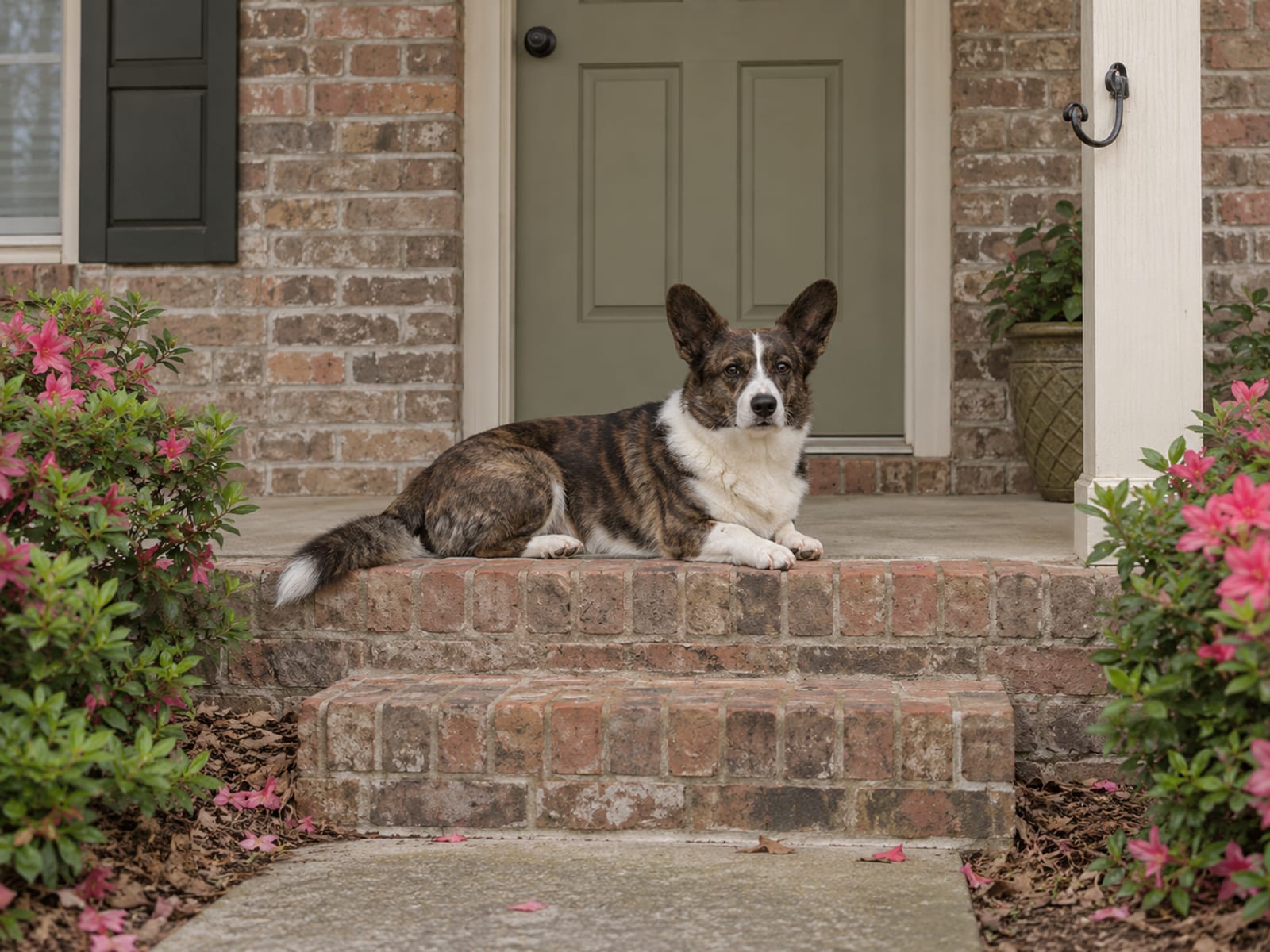 Cardigan Welsh corgi lying on the brick front steps of a suburban Georgia ranch house with azaleas and a closed front door