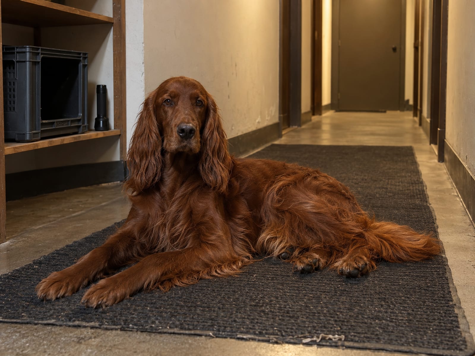 Red Irish setter lying on a rubber mat in the interior hallway of a boarding building with an open crate and a flashlight on a shelf