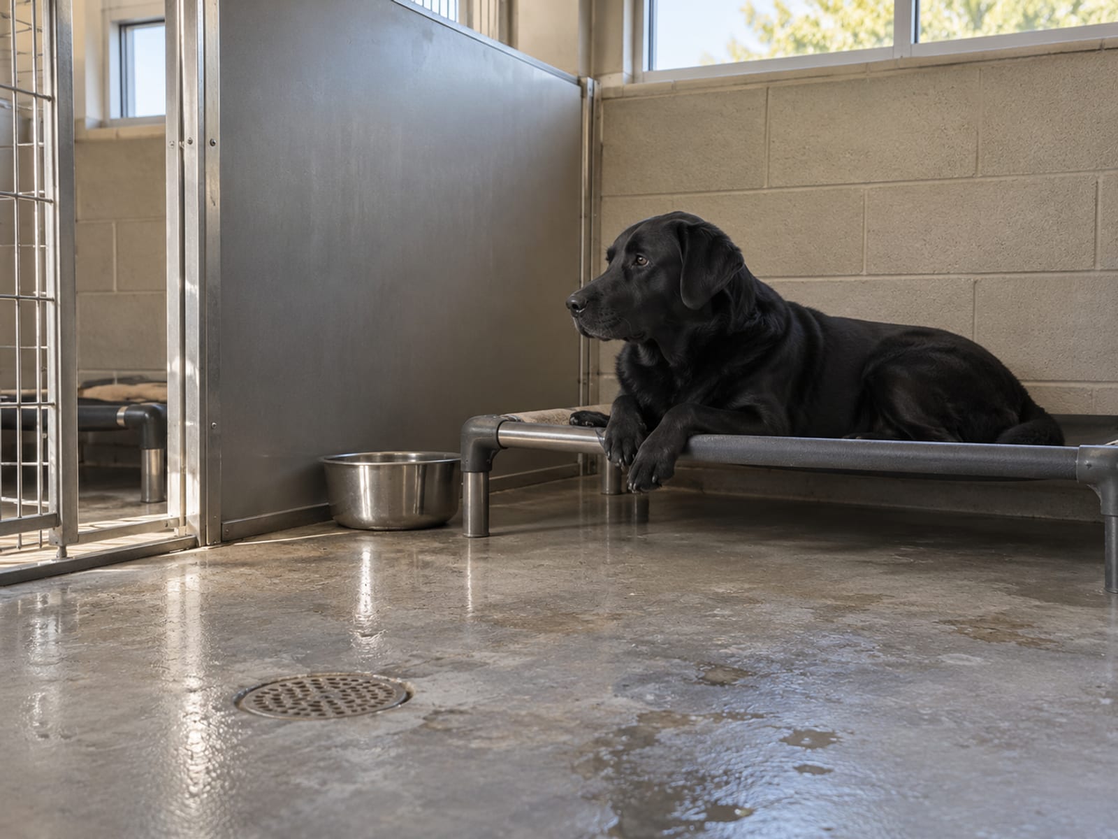 Black Labrador retriever lying on a raised cot in a clean indoor kennel run with sealed concrete floor, floor drain and steel water bowl