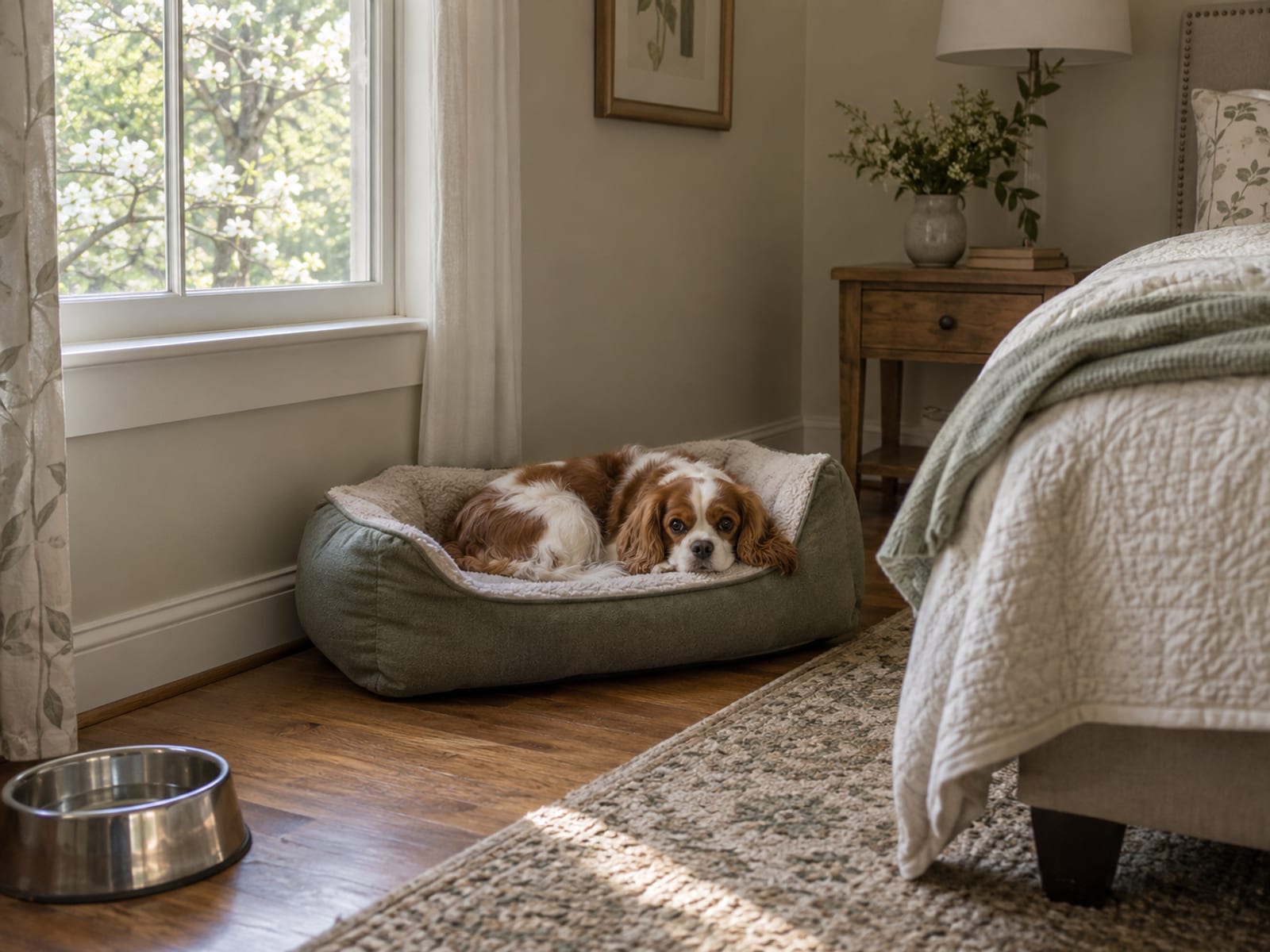 Cavalier King Charles spaniel curled on a washable dog bed in a tidy spare bedroom with a pale quilt and window onto a dogwood tree