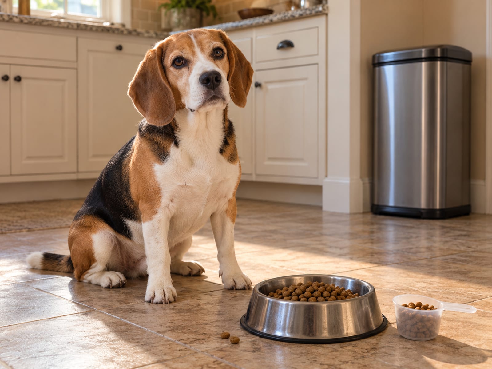 A beagle sitting attentively beside a steel food bowl of plain kibble and a measuring scoop on a tidy kitchen floor with a closed lidded trash can behind.