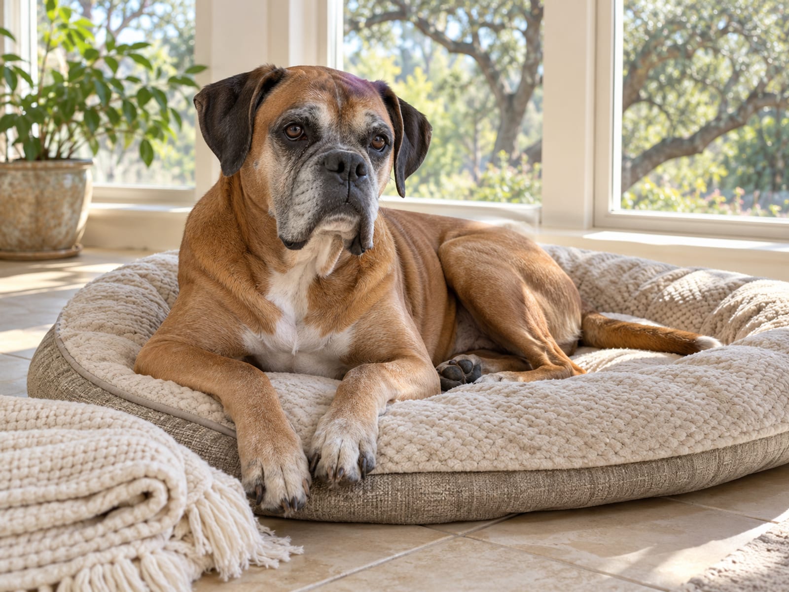 A senior boxer lying on a thick padded dog bed in a sunny sunroom with a folded blanket beside it.