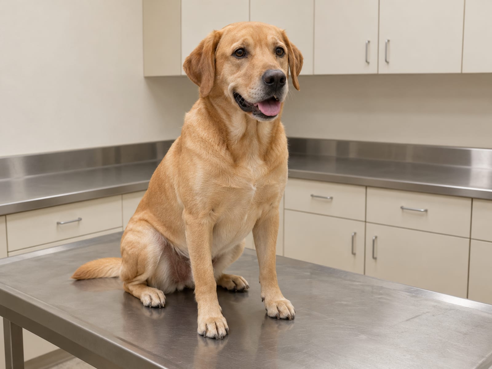 A Labrador retriever mix sitting calmly on a clean exam table in a quiet veterinary exam room with a plain steel counter and closed cabinets behind it.