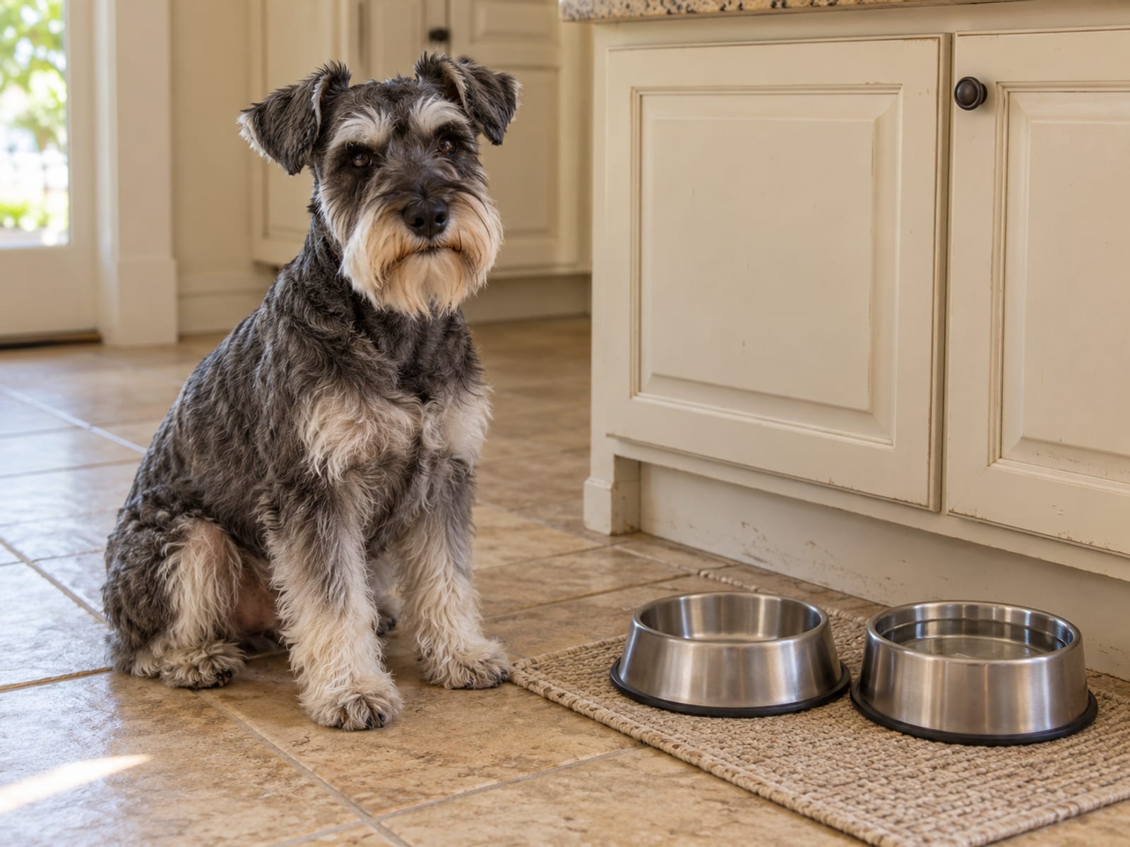A miniature schnauzer sitting on a kitchen floor beside a closed cabinet, with an empty steel food bowl and a full water bowl on a mat.