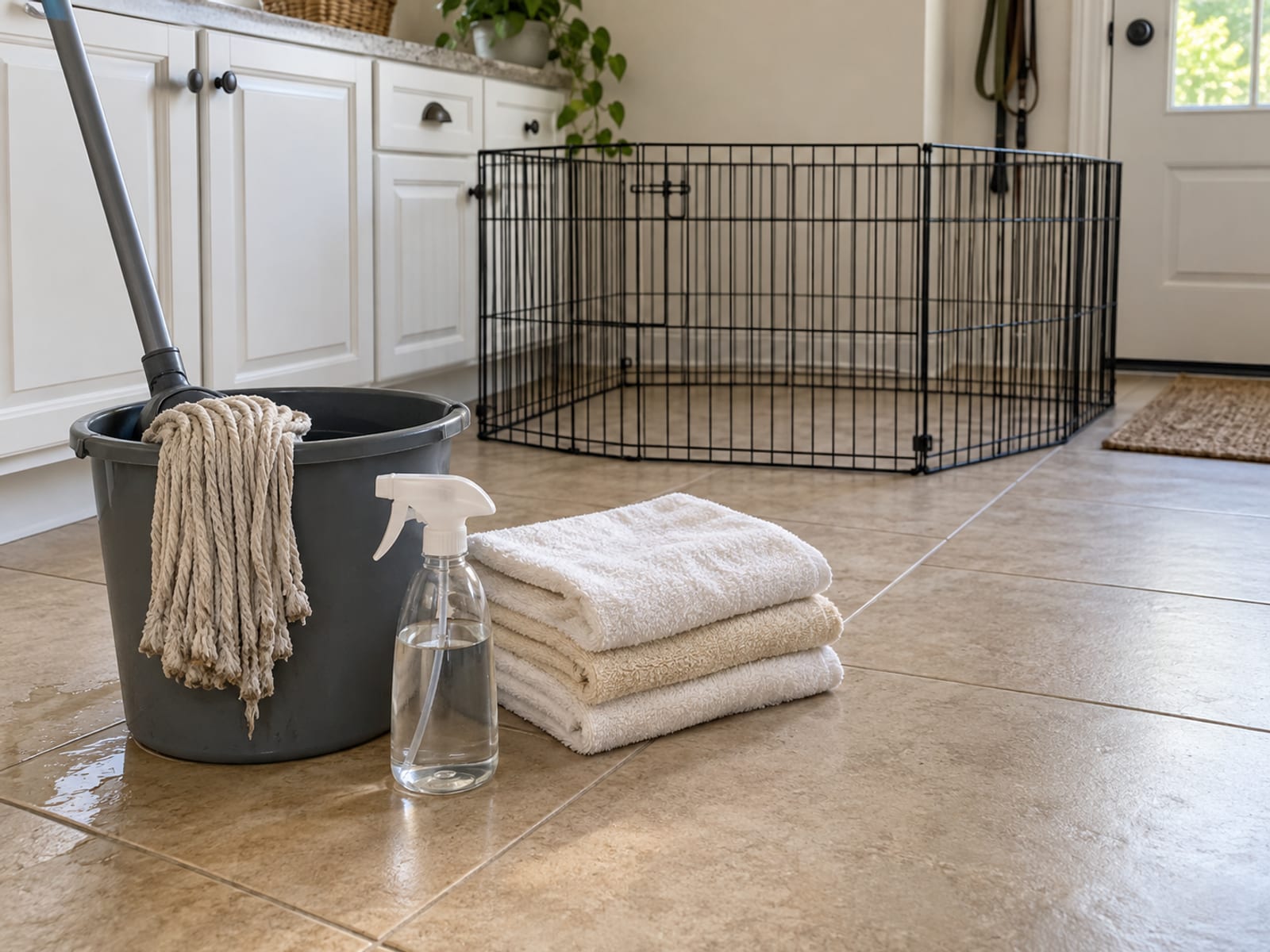 Mop bucket with mop, an unlabeled spray bottle and a stack of folded towels on a tile floor next to an empty wire puppy pen