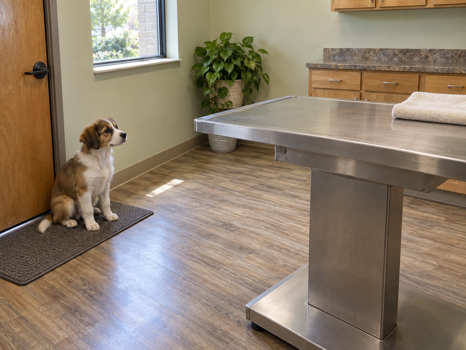 Veterinary exam room with an empty stainless exam table and a folded towel, a puppy sitting on a mat by the door