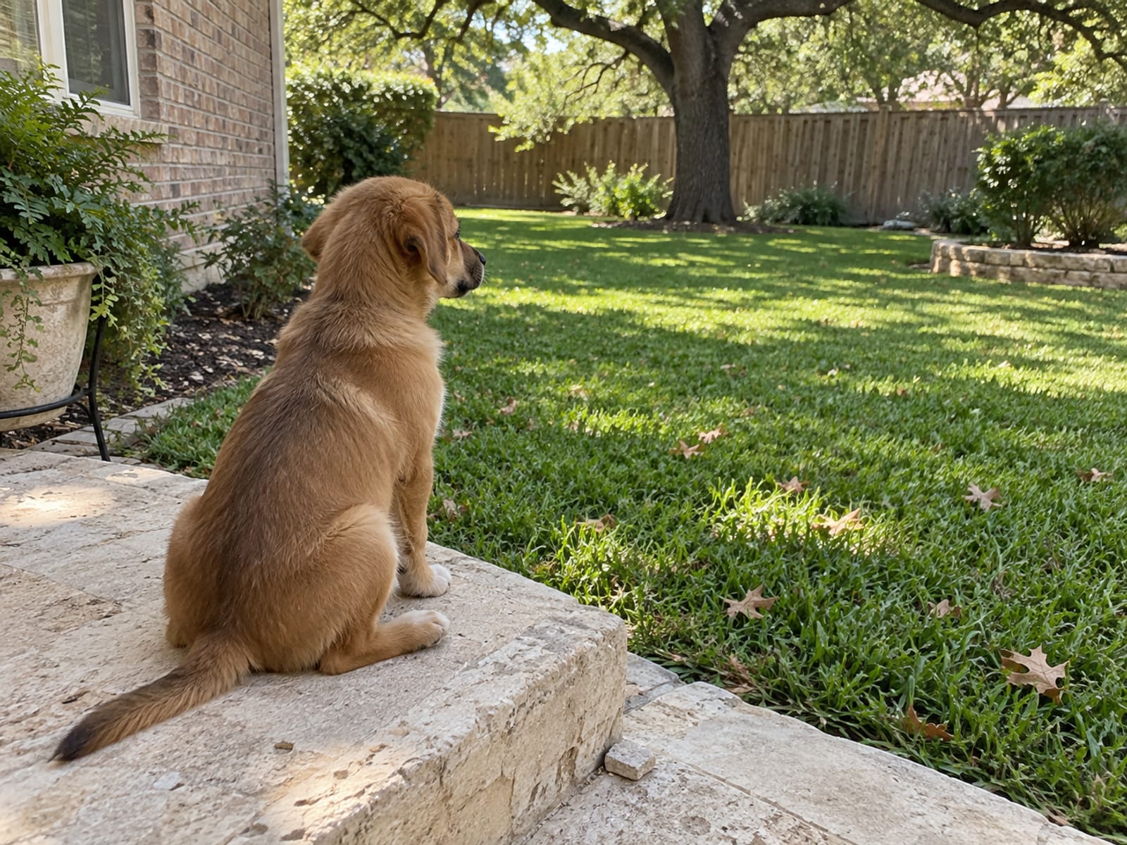 Healthy young puppy sitting on a stone patio step looking out at a green backyard lawn in daylight