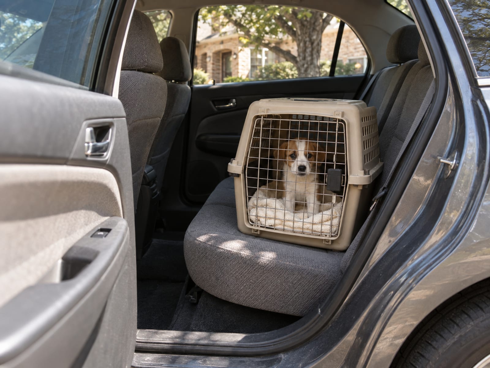 Plastic pet carrier lined with a folded towel on the back seat of a car with the rear door open, parked in a driveway