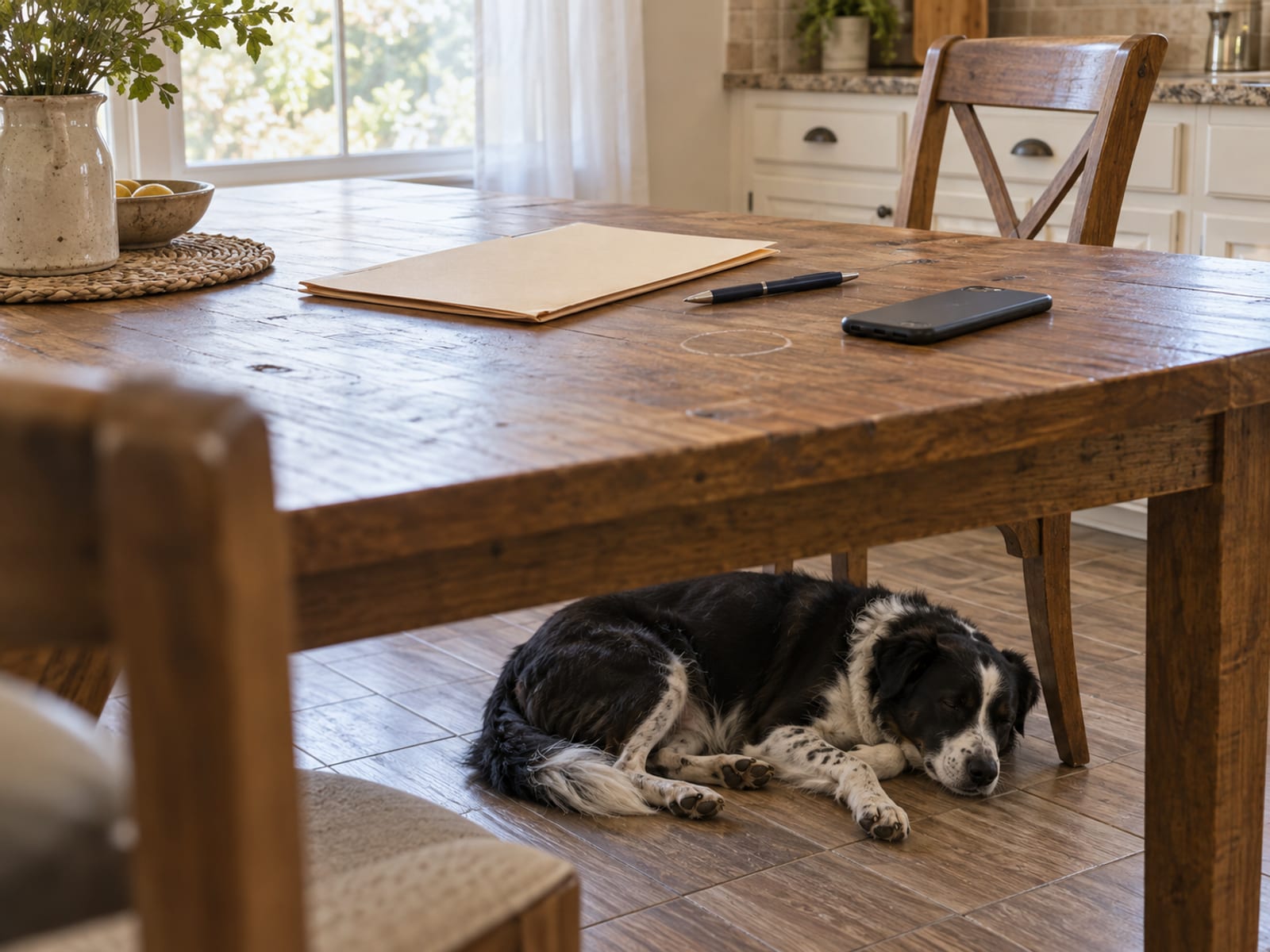 Closed folder, a pen and a face-down phone on a kitchen table, a dog sleeping on the floor below