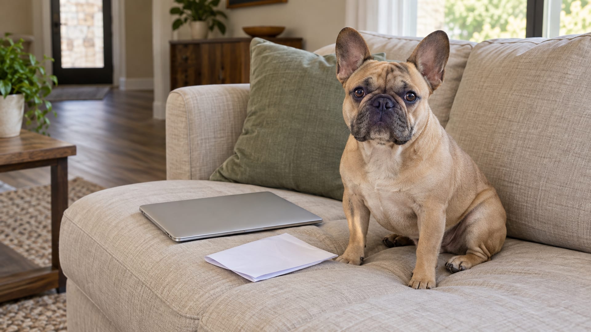 Fawn French bulldog sitting on a sofa cushion beside a closed laptop and a folded sheet of paper