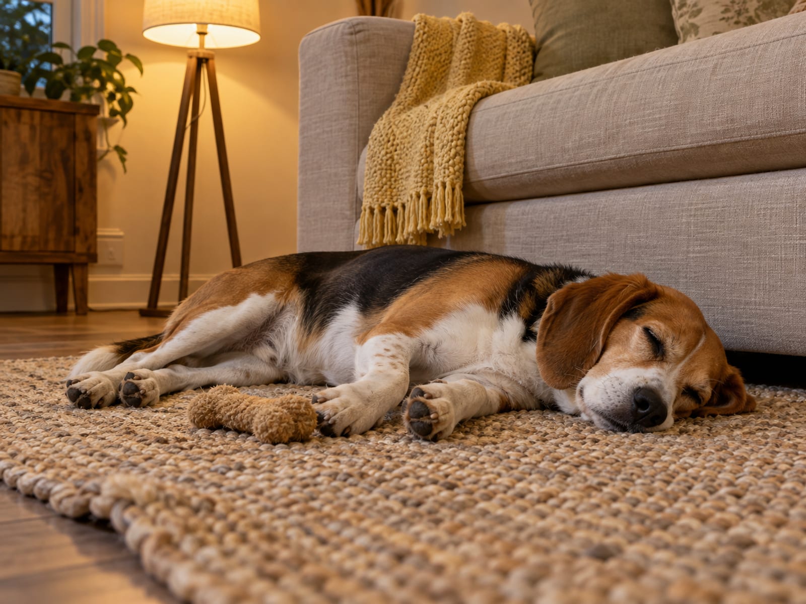 Dog stretched out asleep on a woven living room rug next to a sofa under warm lamplight